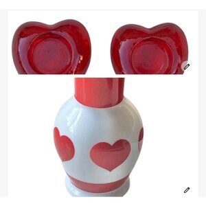Lefton Red & White Heart Vase and Two Heart Candle Holders Porcelain Glass Love